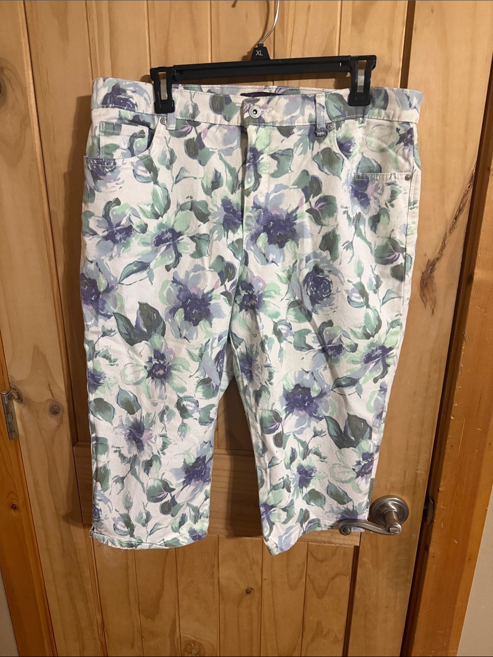 Gloria Vanderbilt Floral Print Cotton Capri Pants — Purple & Green